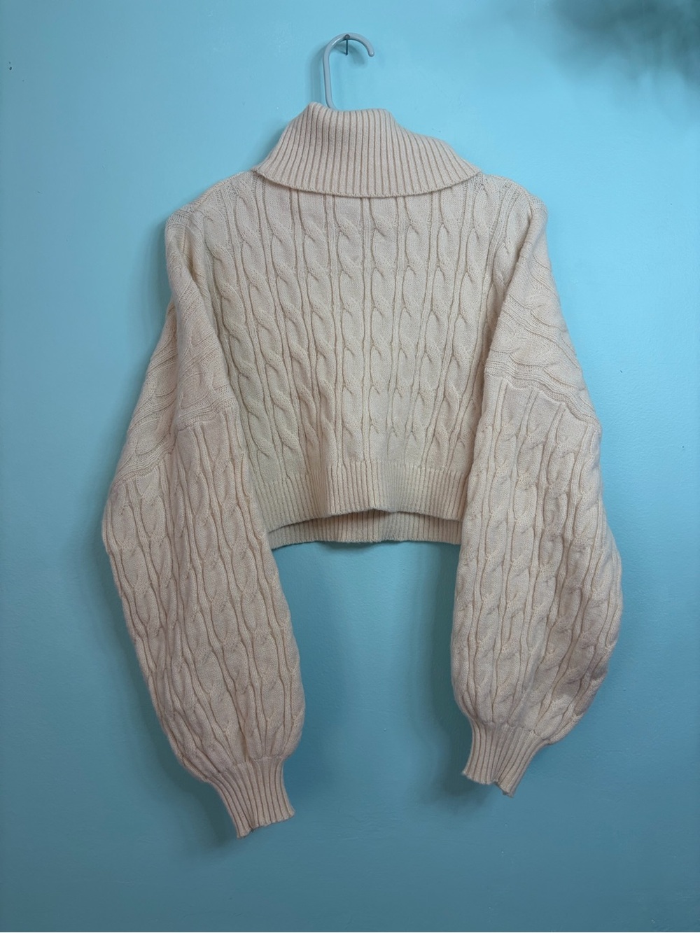 Cable-Knit Cropped Cream Turtleneck Sweater